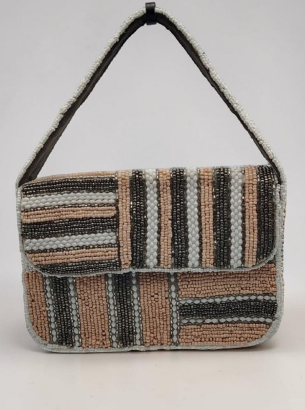 New Beaded Striped Hand Bag in Peach, Chrome & White Combo By Studio 12
